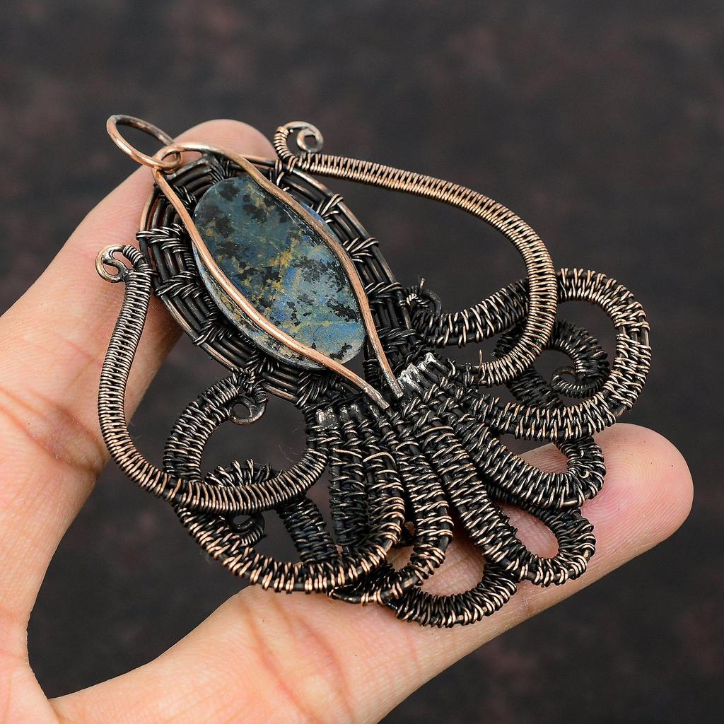 Azurite Malachite Pendant Copper Wire Wrapped Pendant Gemstone Handmade Pendant Copper Wire Wrap Jewelry Decent Octopus Pendant Gift For Him