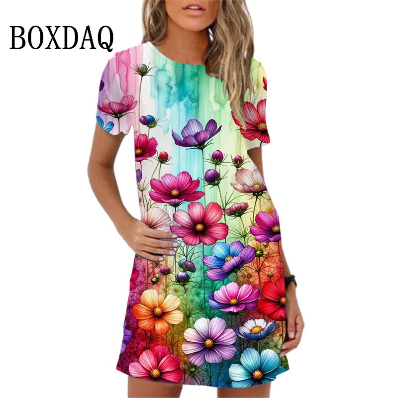 Элегантное женское платье с милым цветочным принтом, новое летнее свободное мини-платье 2024 года, пляжное повседневное женское платье с коротким рукавом и большими размерами, Vestidos
