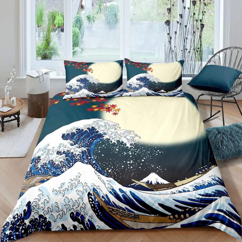 Japanese Wave Duvet Set Three-Piece Set, Japanese Traditional Painting Sea Theme Bedding Set