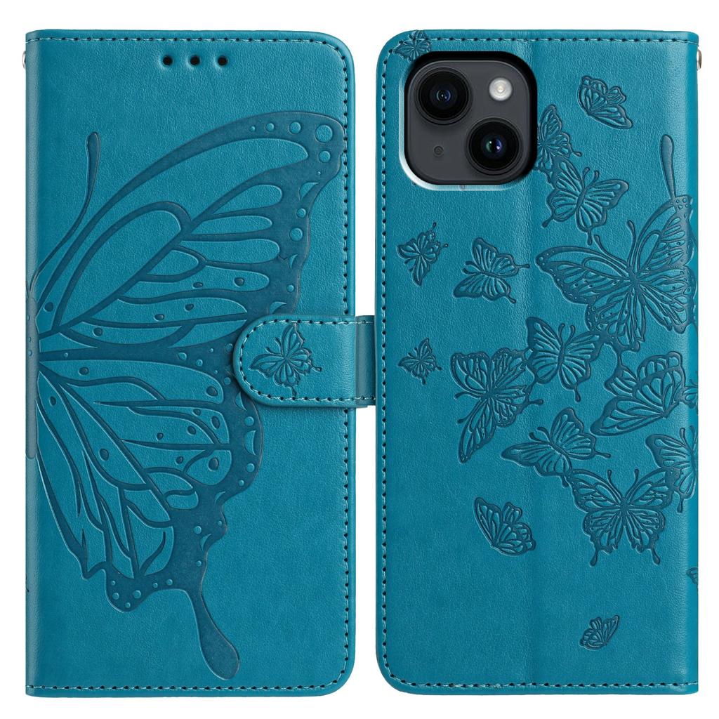 For iPhone 14 Case Butterfly Imprinted Wallet Stand PU Leather Flip Phone Cover with Strap
