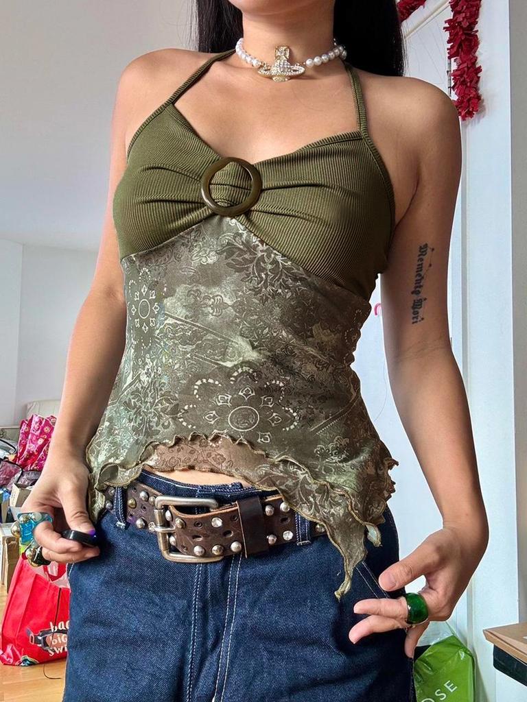 Retro Forest Green Vintage Print Boho Y2K Camisole Backless Halter Tie Asymmetrical Tops Women Summer Vacation Clothing