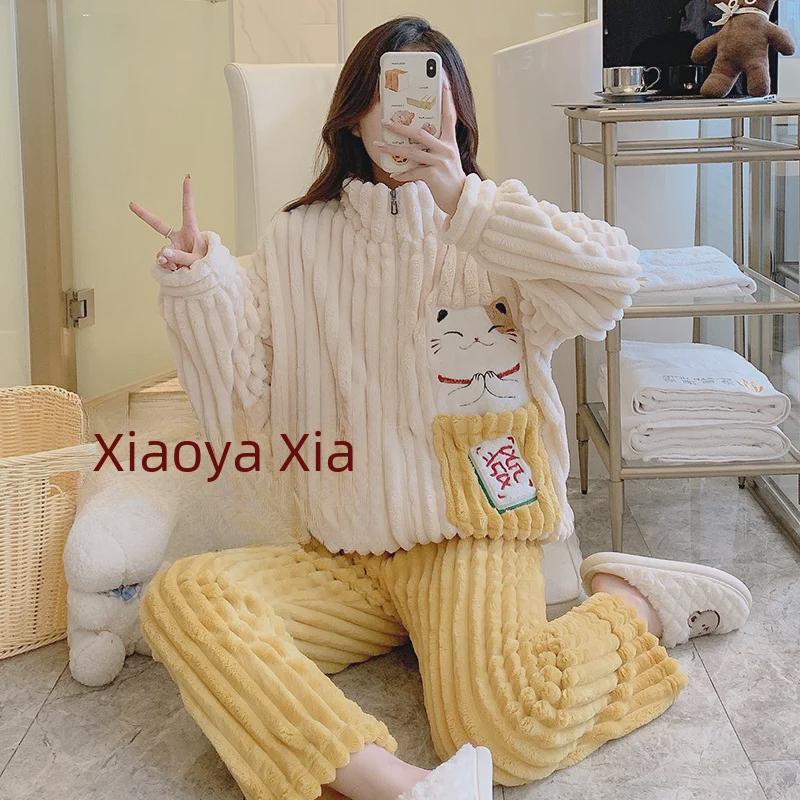 Женская зимняя пижама больших размеров из кораллового и жаккардового бархата - Милая и уютная домашняя одежда (До 200 фунтов)