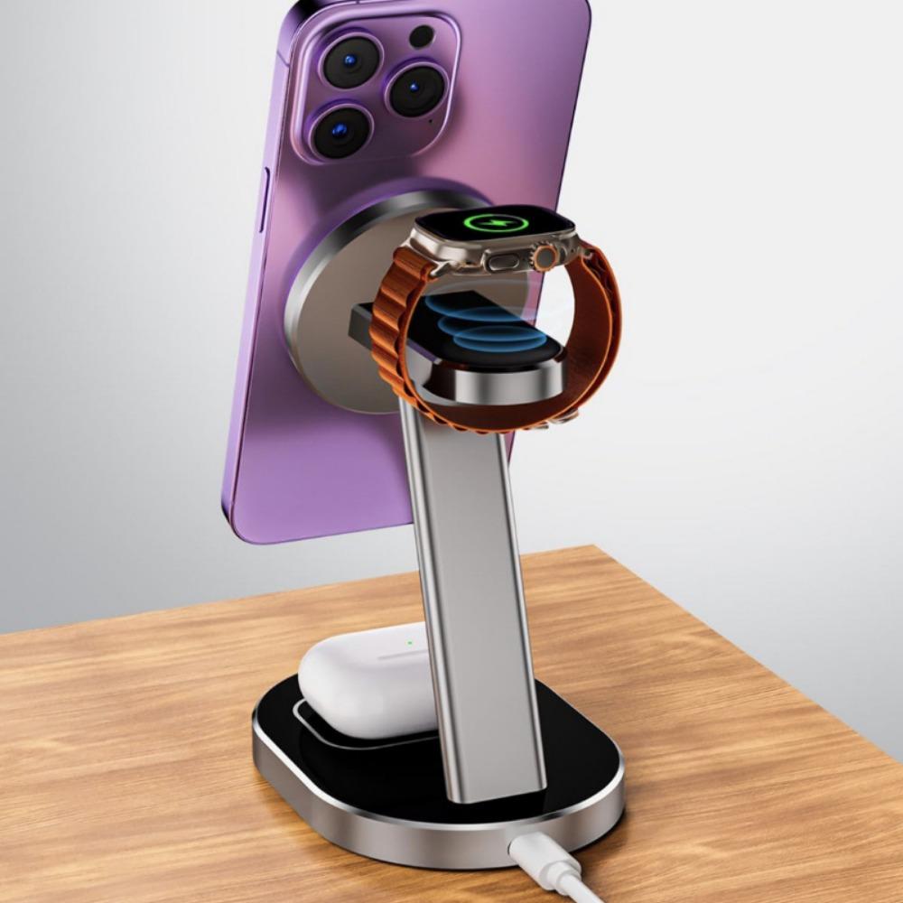 Беспроводное зарядное устройство 3-в-1 из алюминиевого сплава, настольная подставка, подходит для беспроводной зарядки наушников iPhone Watch