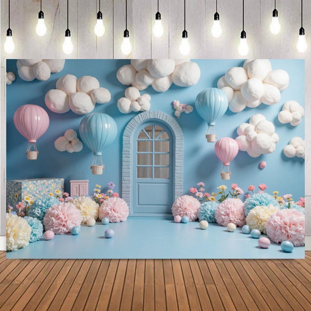 Cute Doll Bear Theme Backdrop Blue Sky Soft Cloud Hot Air Balloon Newborn Baby Shower Birthday Party Decor Photo Background10