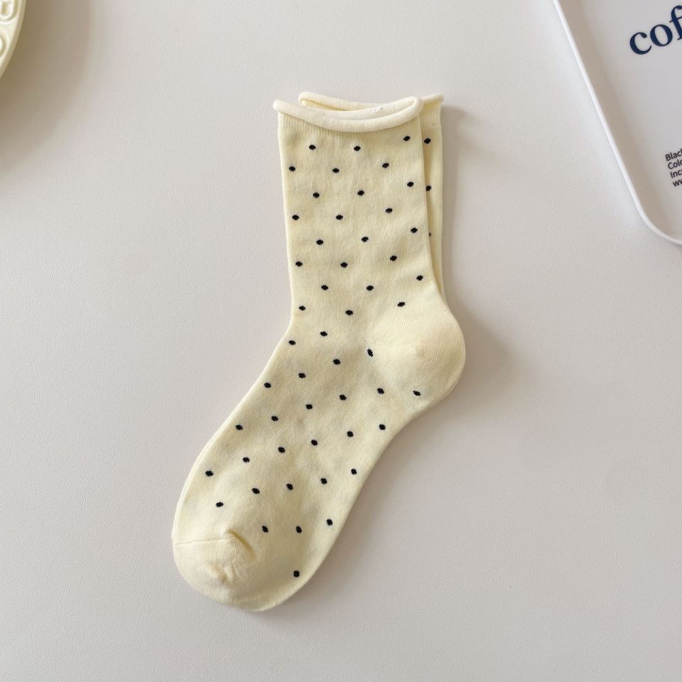 Trendy Rolled-up Polka Dot Mid-calf Socks, Summer Thin Student Girlish Pile Socks, Mid-calf Women's Socks