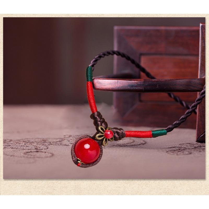 GEMCHIC Женское винтажное этническое ожерелье-чокер с подвеской из красной фасоли и стеклом, на плетёном шнурке, цепочка на ключицы, с комплектом matching сережек и браслета