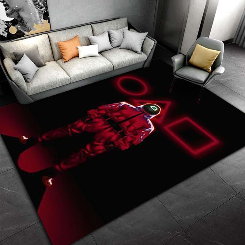 "Red Guard Illustration Carpet with Neon Shapes on Black Background" Suitable for use as an anti-slip for living room bedroom sofas
