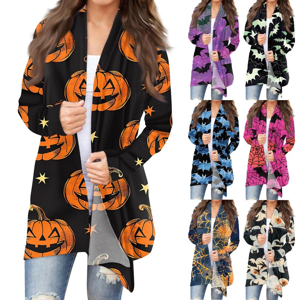 Женский кардиган с длинным рукавом спереди и принтом на Хэллоуин, легкая куртка