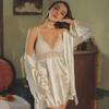 Japanese Lace Spliced Suspender Nightdress Set - Ice Silk Two-Piece Pajamas