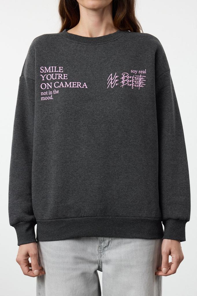 Женская модная стильная толстовка синяя с круглым вырезом, базовая посадка, толстая флисовая вязаная толстовка с принтом внутри