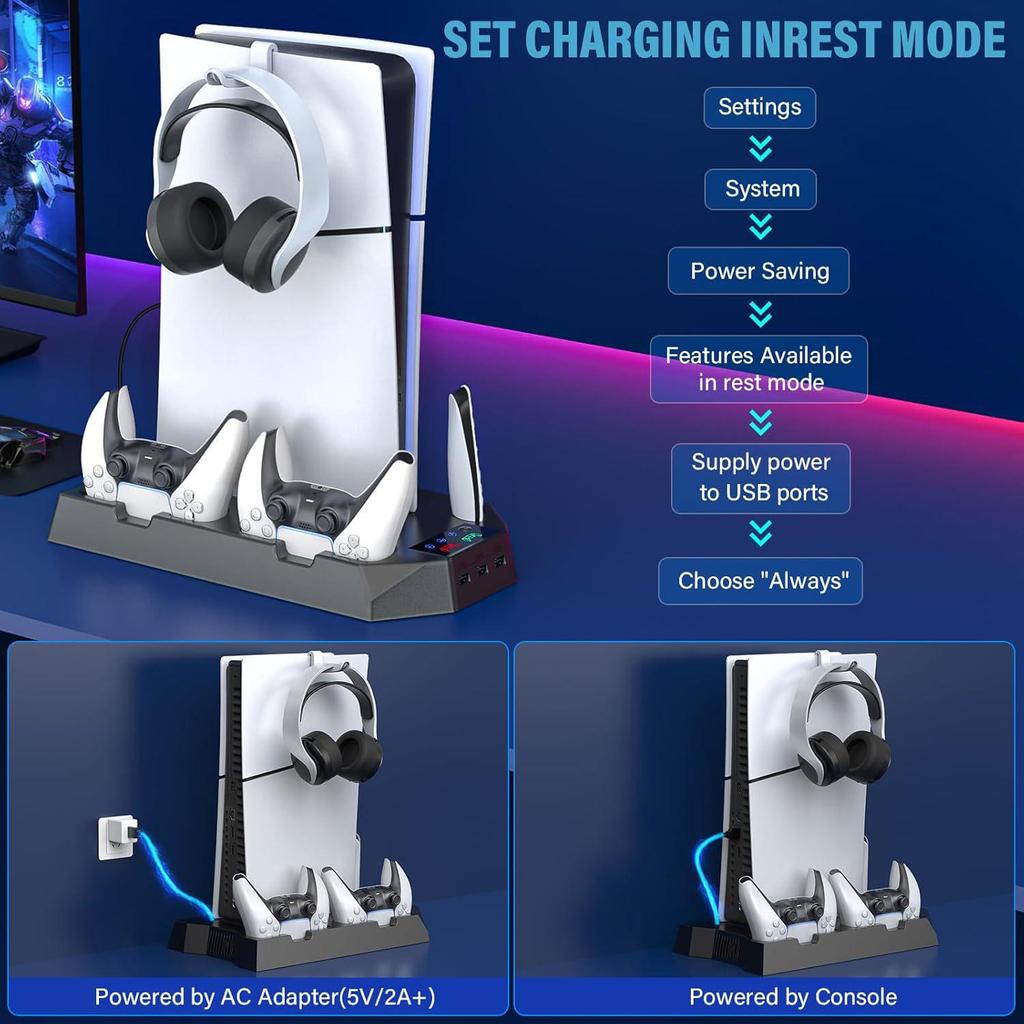 Подставка для охлаждения и зарядки консоли PS5/Slim/Pro с двухфункциональным вентилятором