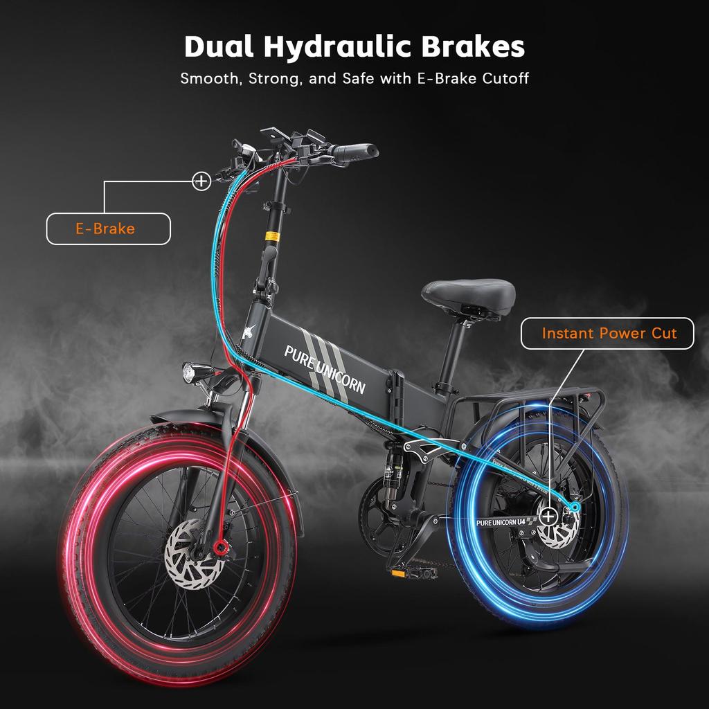 Складной электрический велосипед PURE UNICORN U4, мотор 1000 Вт, аккумулятор 48 В 15 Ач, широкие шины 20*4 дюйма, максимальная скорость 48 км/ч, запас хода 60 км, 7-скоростная трансмиссия Shimano