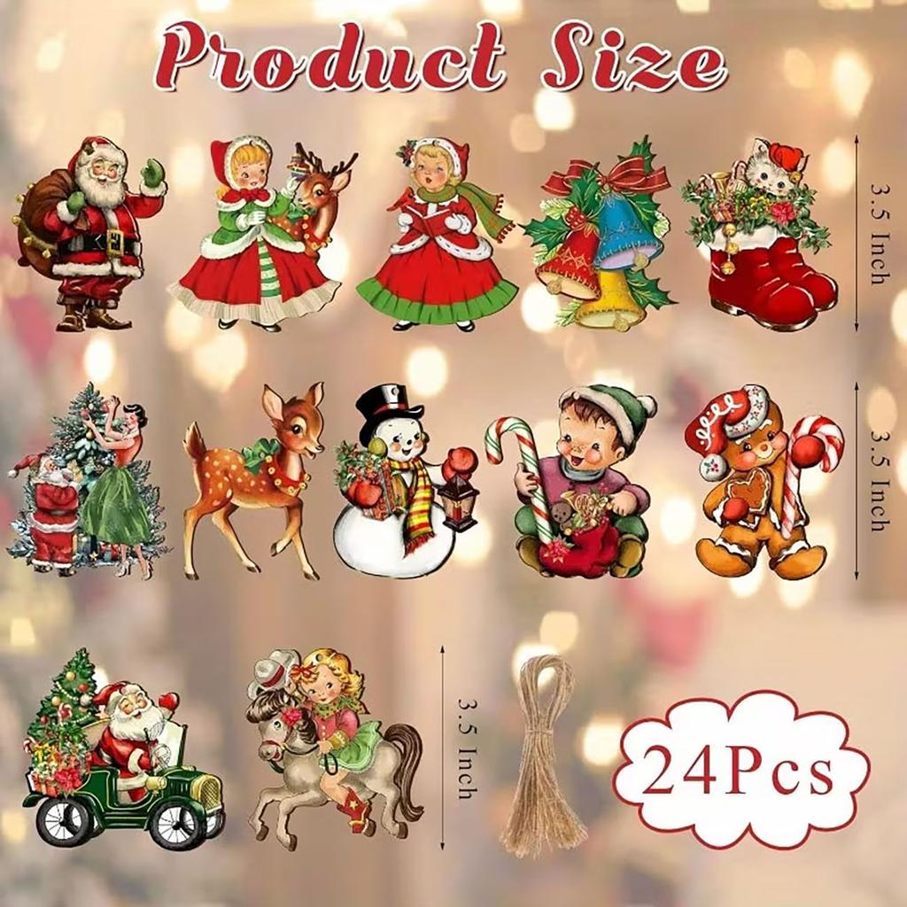 24 Pcs Vintage Christmas Wooden Hanging Ornaments Retro Santa Deer Snowman Xmas Tree Pendants for Holiday Home Party Decor Gift