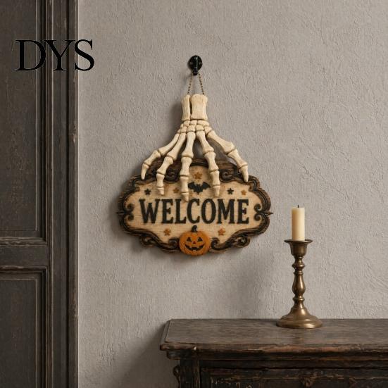 Decorative Wooden Hanging Craft Skeleton Hand Door Welcome Sign, Halloween Pumpkin Bat Pattern Decor, Creepy Skull Theme Signage Wall Plaque,