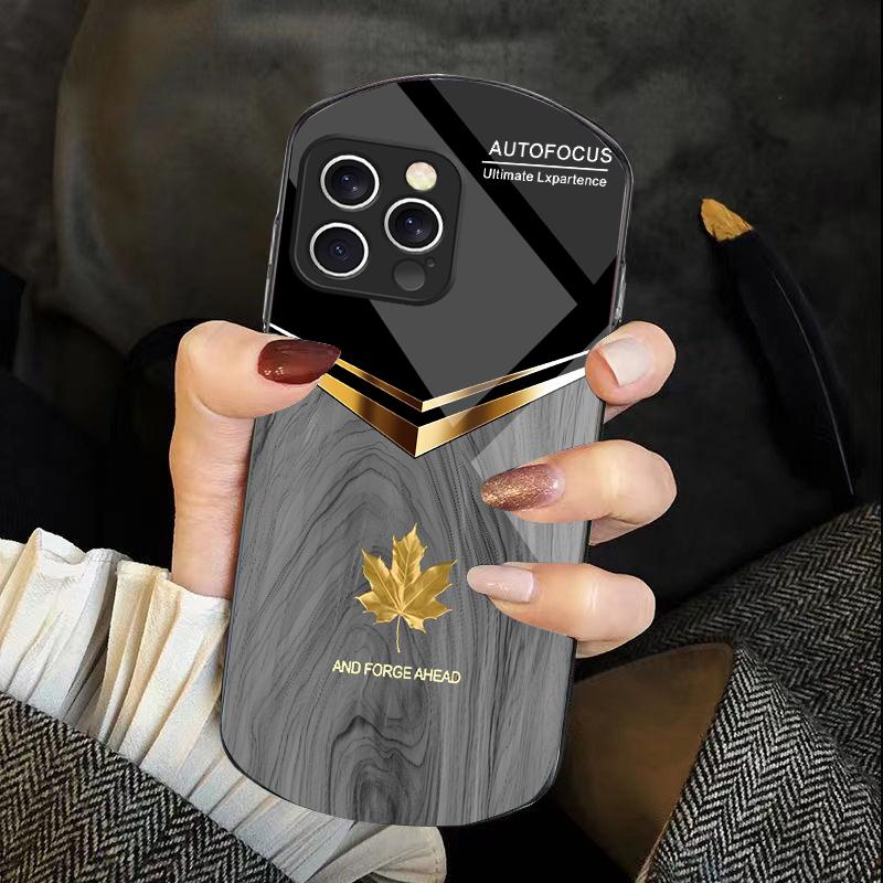 V-shaped Maple Leaf For Iphone 11 12 13 14 15 16 Pro Max Plus Mini 7 8 Se 2020 X Xs Xr Elliptical Tempered Glass Phone Case