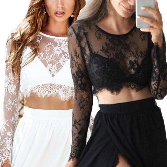 O-Neck Long Sleeve Embroidery Pattern Crop Top Women See-Through Floral Lace Blouse