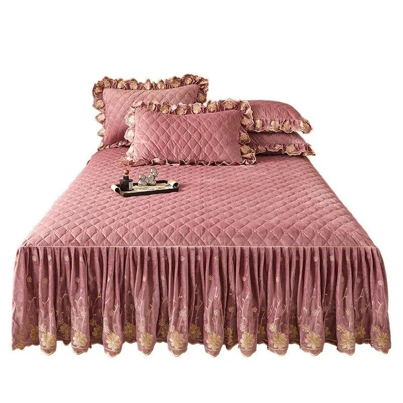 Стеганое покрывало с цветочной вышивкой, плотная бархатная юбка-кровать, роскошная мягкая юбка с 2 подушками, дропшиппинг Queen King