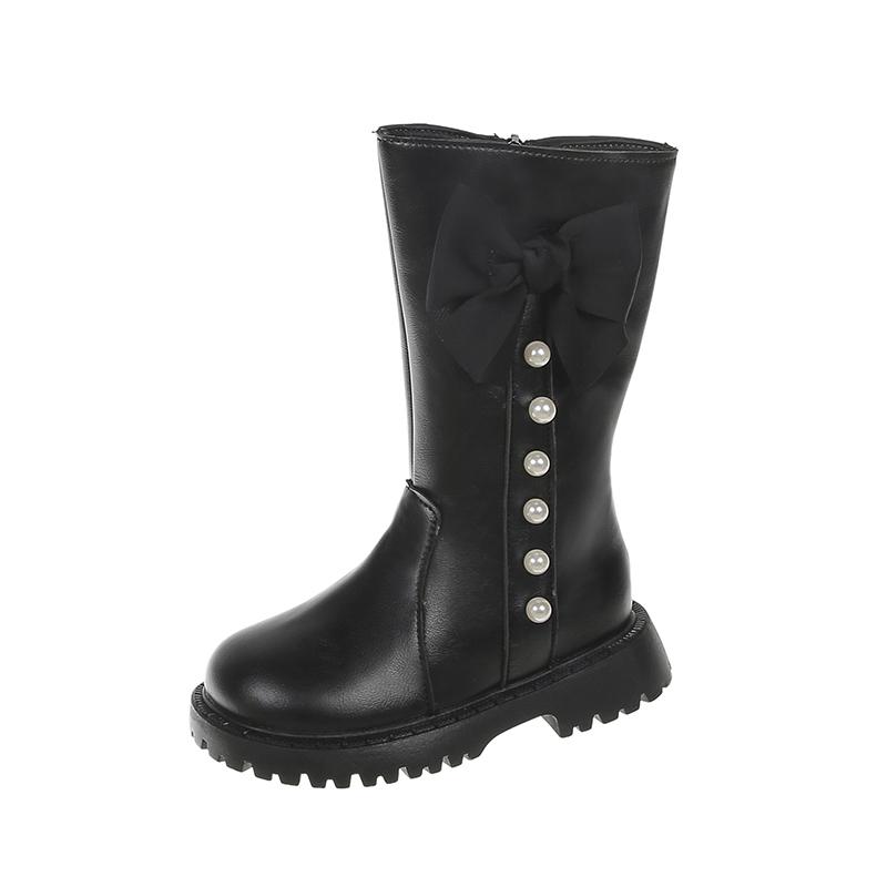 Детская обувь Модные ботинки принцессы с высоким голенищем Кожаные водонепроницаемые теплые зимние сапоги на меху для девочек Дизайн с бантом Длинные сапоги
