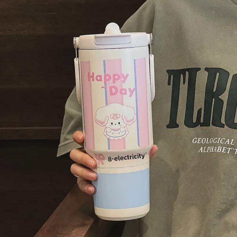 Термос с трубочкой и большой емкостью 2024 для девочек — стильная дорожная и гигантская ледяная чашка