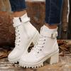 Модные женские ботинки Осень и Зима Новые Пряжка на ремне Толстая подошва Шнуровка Короткие Боты Белые Массивный Высокий каблук Готические Платформы Женские