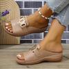 Slope Heel Thick Soled Slippers for Women, Plus Size Casual and Fashionable Simple Metal Buckle Fish Mouth Sandals