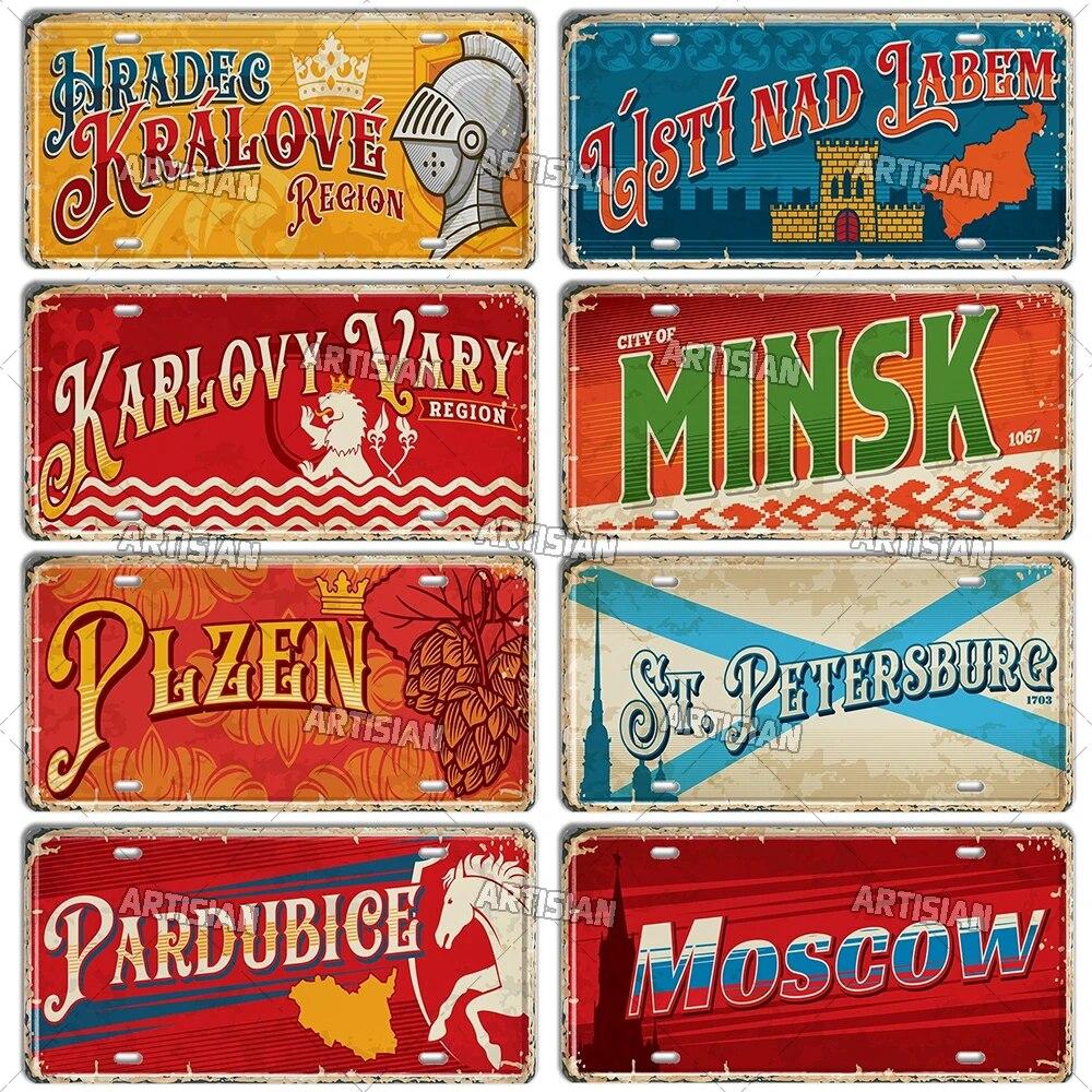 Artisian CZECH MINSK MOSCOW Ctiy Russia Travel Metal Sign Landmark Tin Plaque License Plate Car Plate Wall Decor Garage Bar
