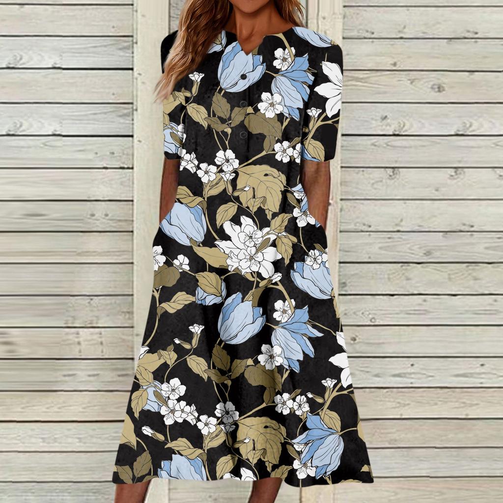 Women's Summer Casual Fashion Floral Printed Short Sleeve Button Pocket Dress