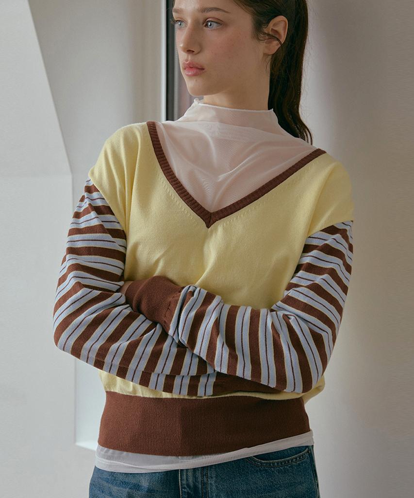 ODER Deep V Stripe Pullover - Yellow Brown
