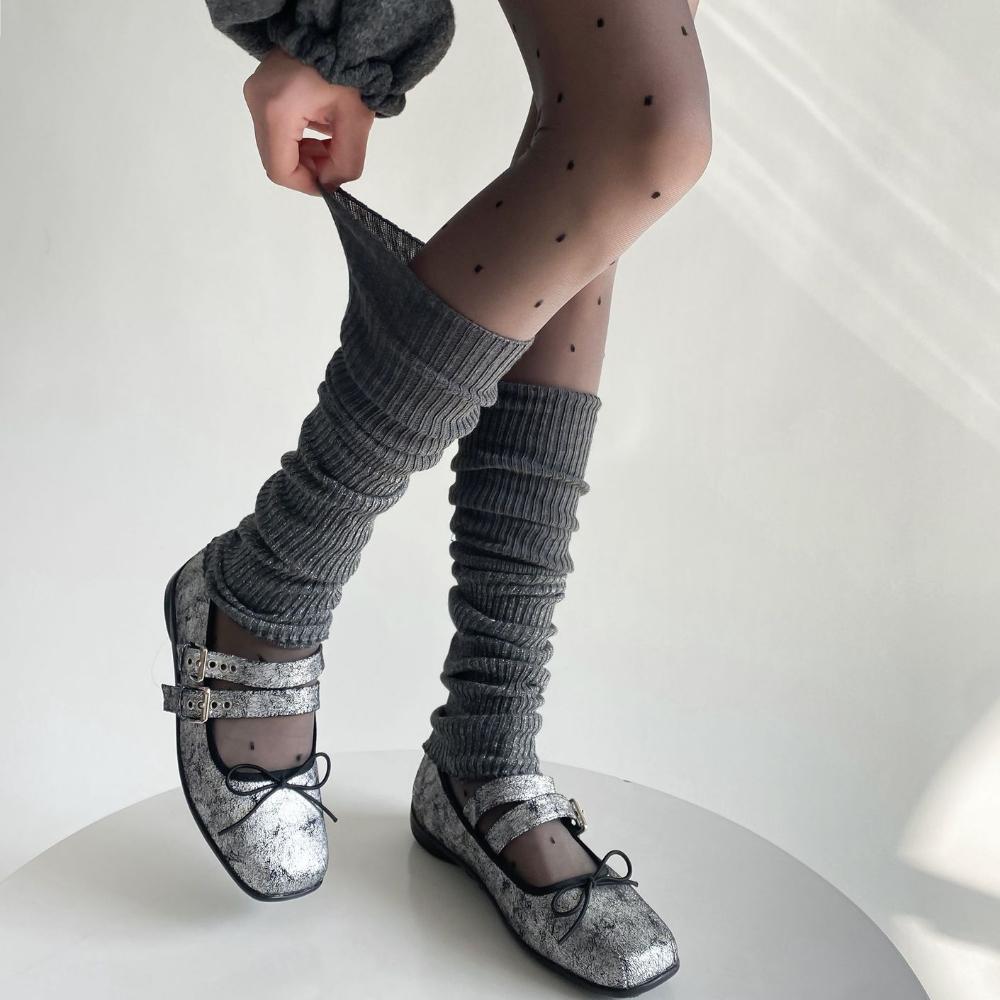 Women Leg Warmers Patchwork Silver Shiny Foot Cover Knee Socks Y2k Girls Leg Warmers Solid Color Black Gray Long Socks Stockings