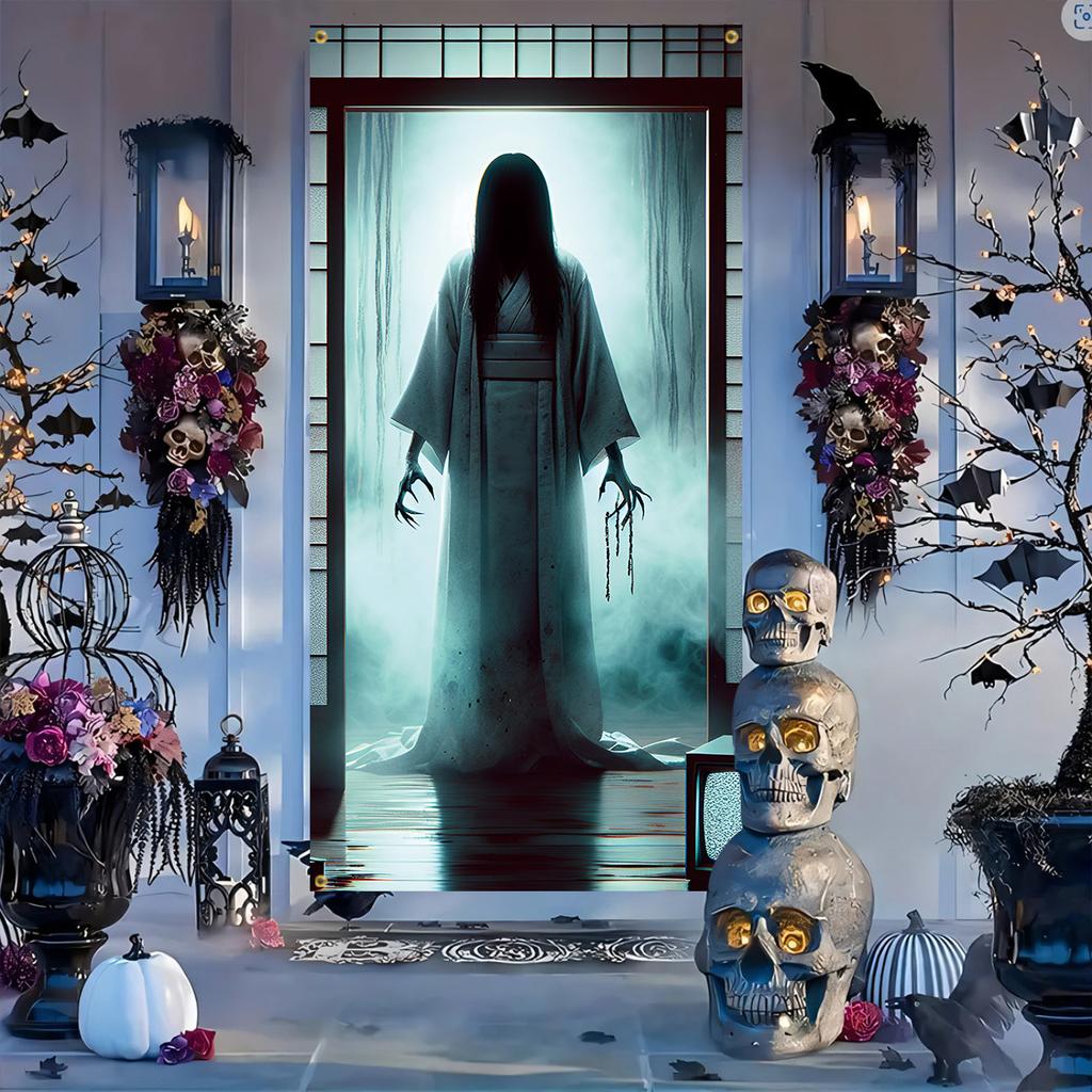 1pc 2D Door Flag  Halloween Welcome Door Flag - Evil Spirit White Dress Doll with Luminous Eyes