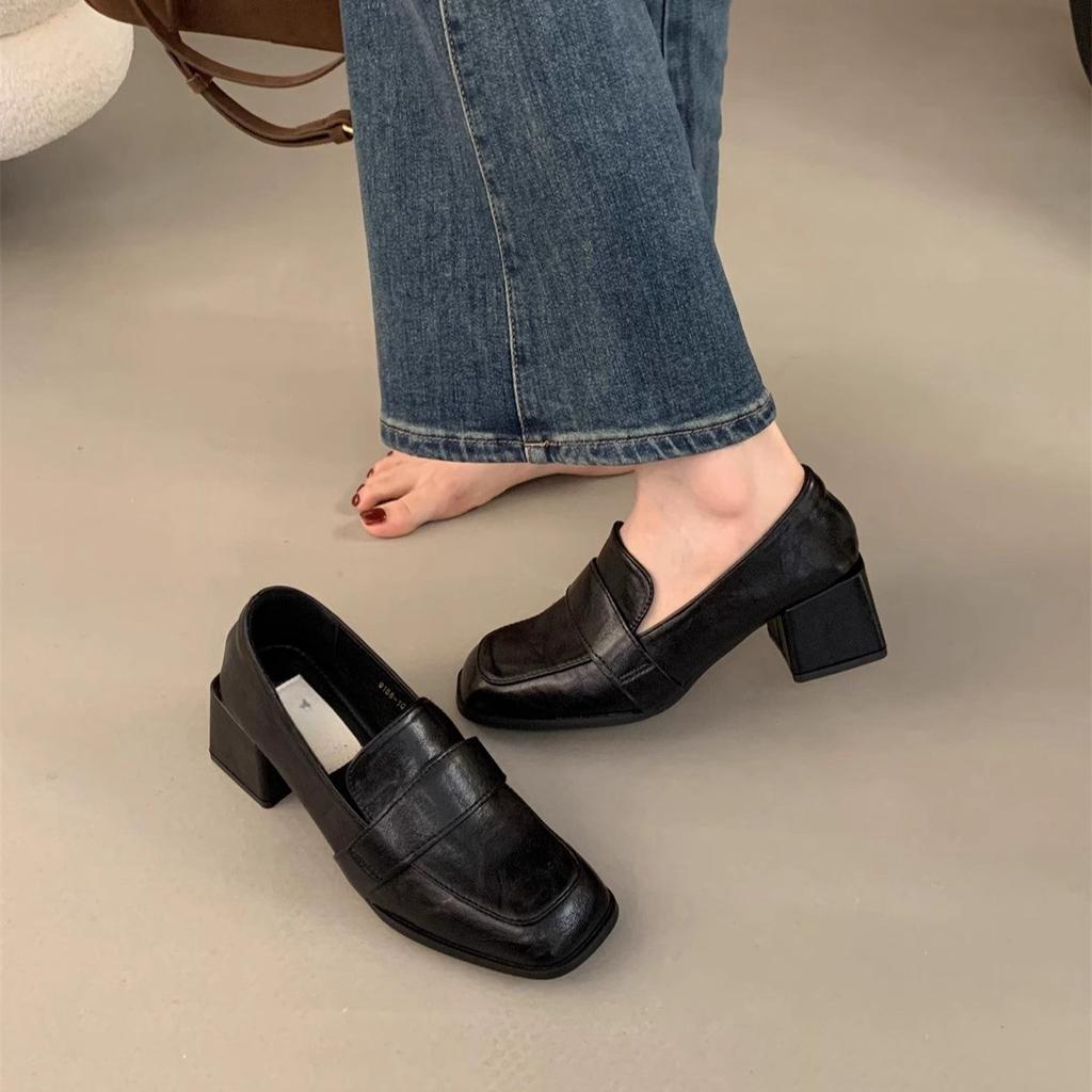 Черные мокасины с квадратным носком, ленивые, с одной педалью, на толстом высоком каблуке, маленькие кожаные туфли, универсальные французские туфли Мэри Джейн, женские, на среднем каблуке