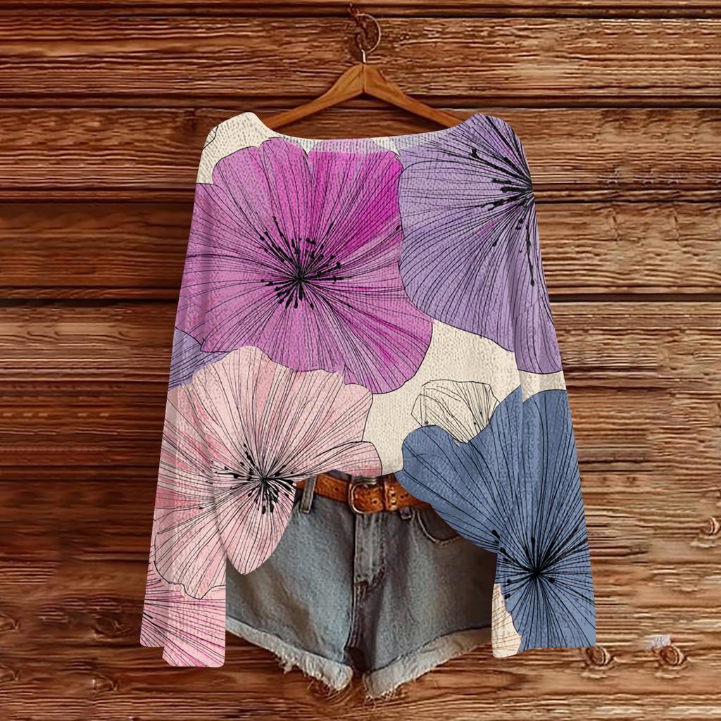 Женский легкий свитер повседневный с длинным рукавом вязаный винтажный с цветочным принтом пуловер