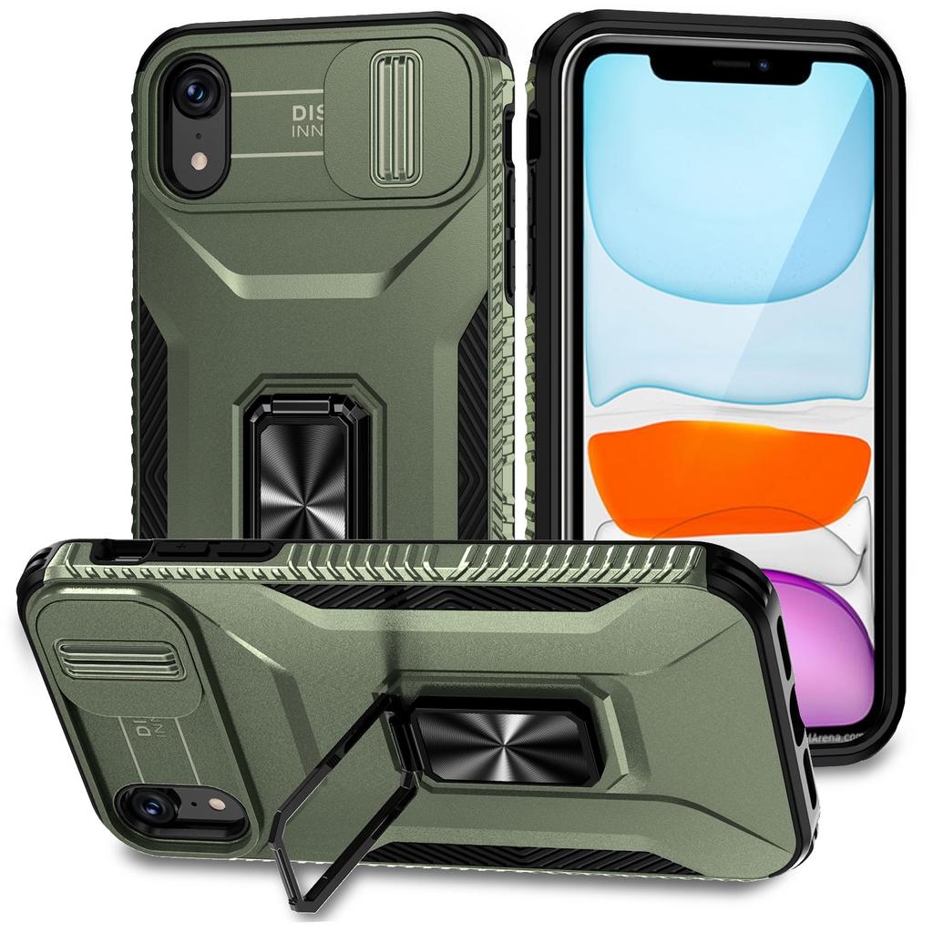 For iPhone XR Case TPU+PC Ring Kickstand Phone Cover Support Magnetic Car Mount - Black