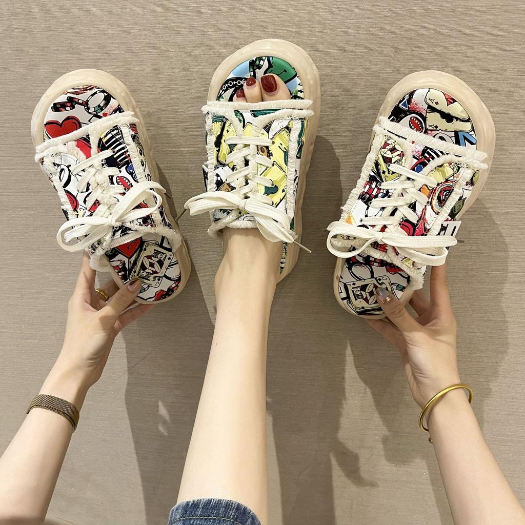Дизайнерские летние женские тапочки на платформе, мюли с граффити, шлепанцы, уличные сандалии, сабо, повседневная обувь на плоской подошве для женщин