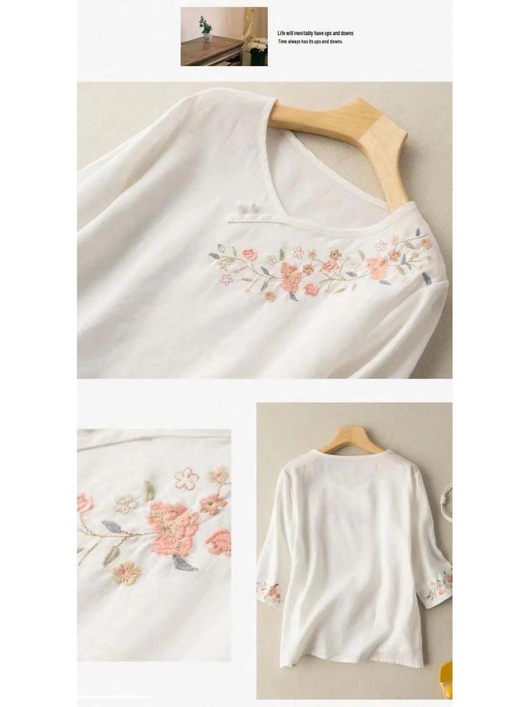 Женская хлопково-льняная футболка с вышивкой: Осень 2024 Свободный крой, Прикрывающий живот, Прилегающий круглый вырез, Рукава 3/4