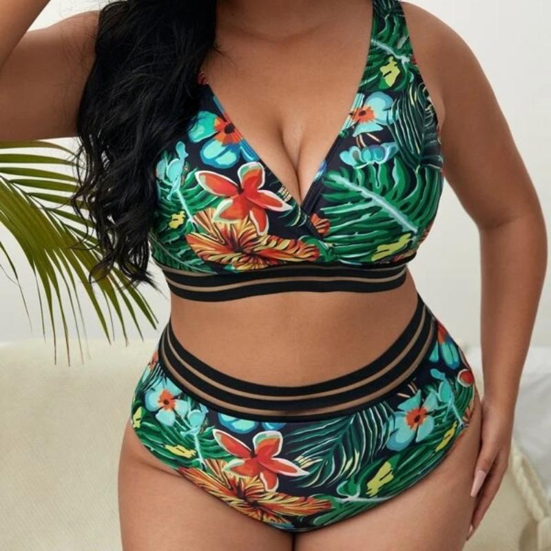 Купальники больших размеров, комплект из 2 предметов, женские комплекты бикини с высокой талией и пуш-ап, летние большие купальные костюмы с цветочным принтом