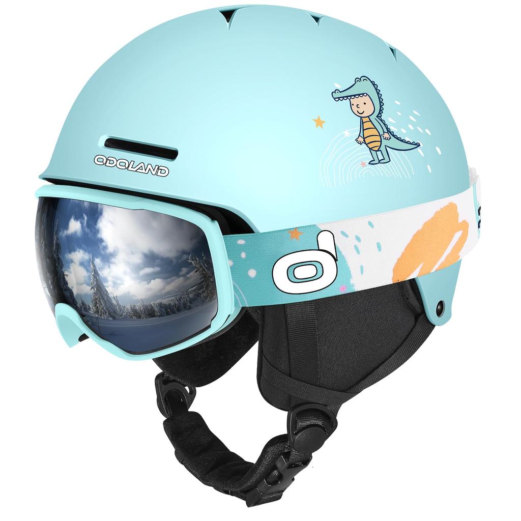 Odoland Ski Helmet with Snowboard Adjustable Impact Size Small Kids' Goggles, Helmet, Size, Anti-Fog, Resistant, Breathable, Cyan,