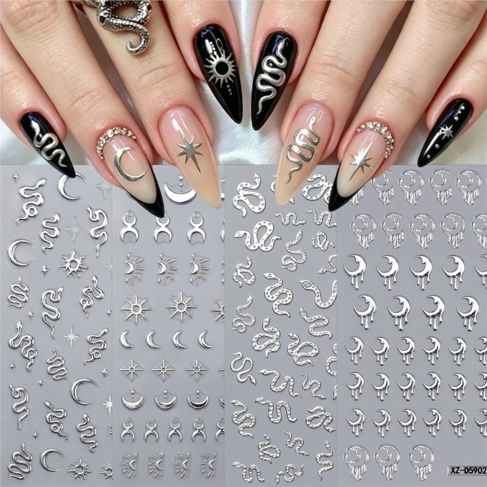 12pcs Y2k 3D Bronzing Silver Moon Star Snake Nail stickers Metallic Silver Rose Flower Nail Decals Slef-Adhesive Nail Decoration