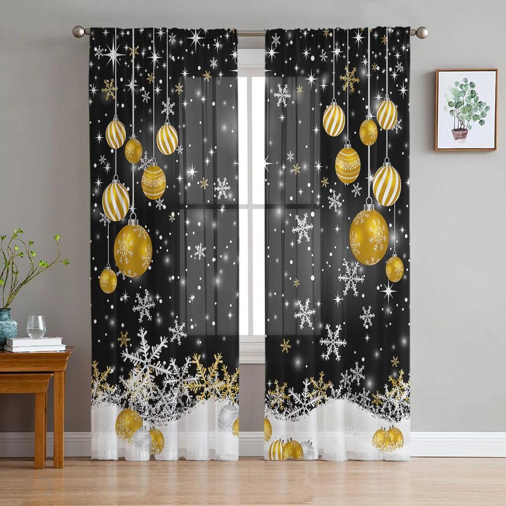 Рождественские сосновые иголки, снежинки, деревянная тюль-занавеска для гостиной, спальни, Рождественский декор, оконная вуаль, тюлевая занавеска