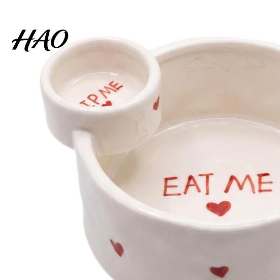 Kitchen Gadgets for Sides French Fries Bowl with Sauce Dipping Compartment, Heat Resistant Ceramic Snack Heart Pattern Print Serving Dish Server,