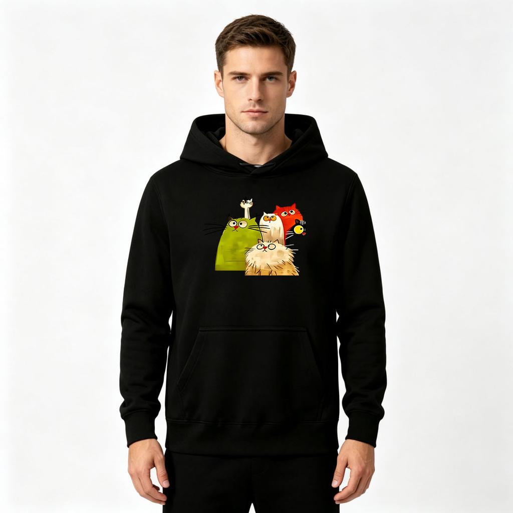 Men's Crewneck Hoodie, Cute Cartoon Cats Printed Casual Pullover Sweatshirt for Daily Wear