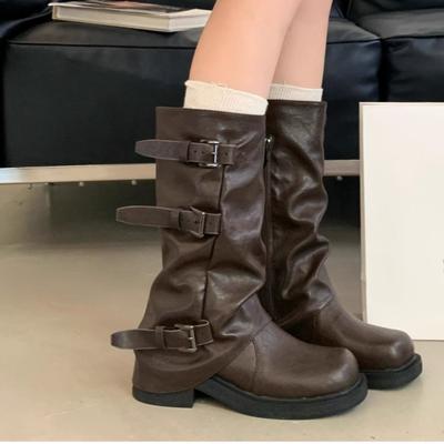 Модные ботильоны на блочном каблуке с металлической пряжкой на ремне, боковой молнией, высоким голенищем, женские, модные, с круглым носком, мягкие, слипоны, одинарные