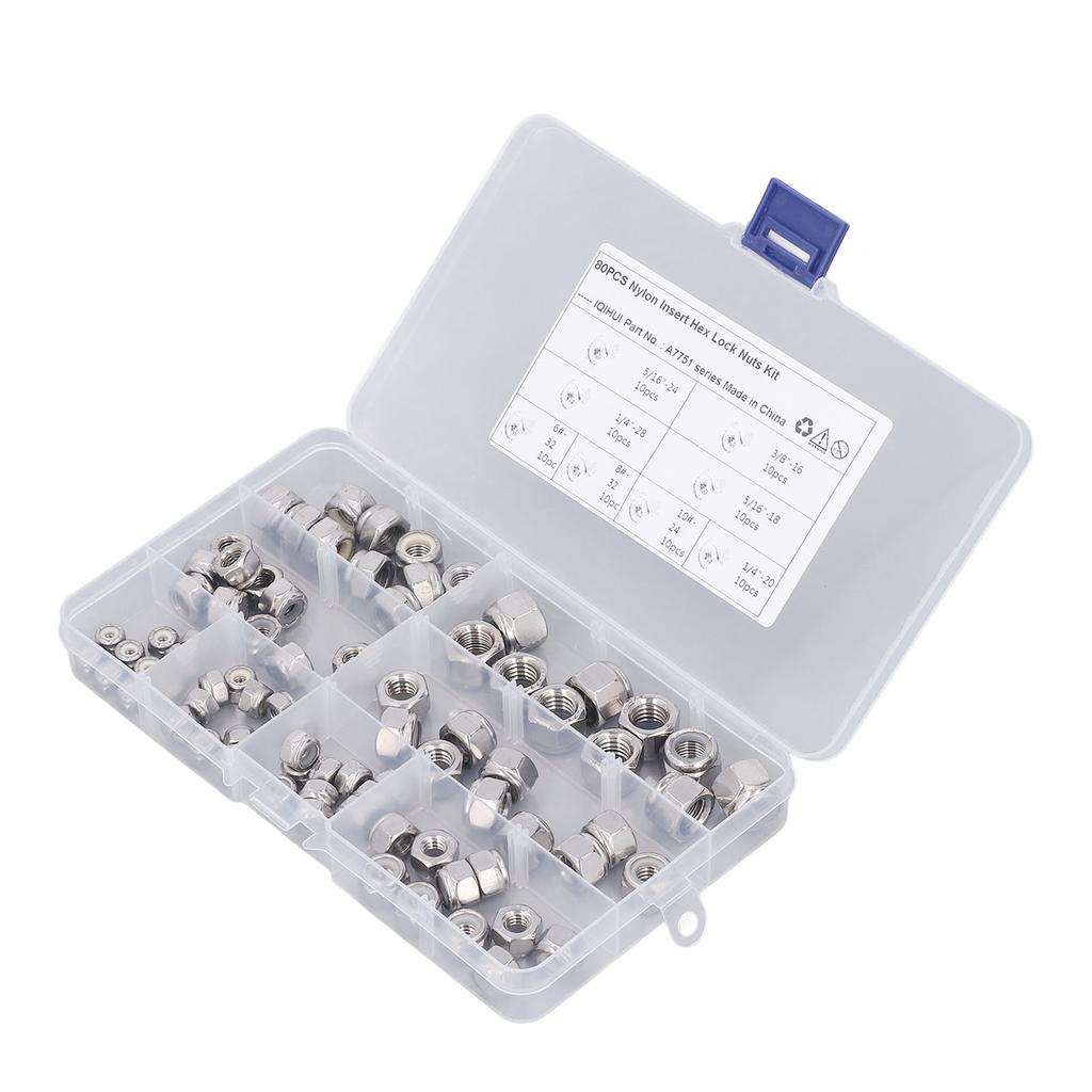80PCS Hex Nuts Assortment Kit 304 Stainless Steel Lock Nuts with Nylon Insert 8 Specifications