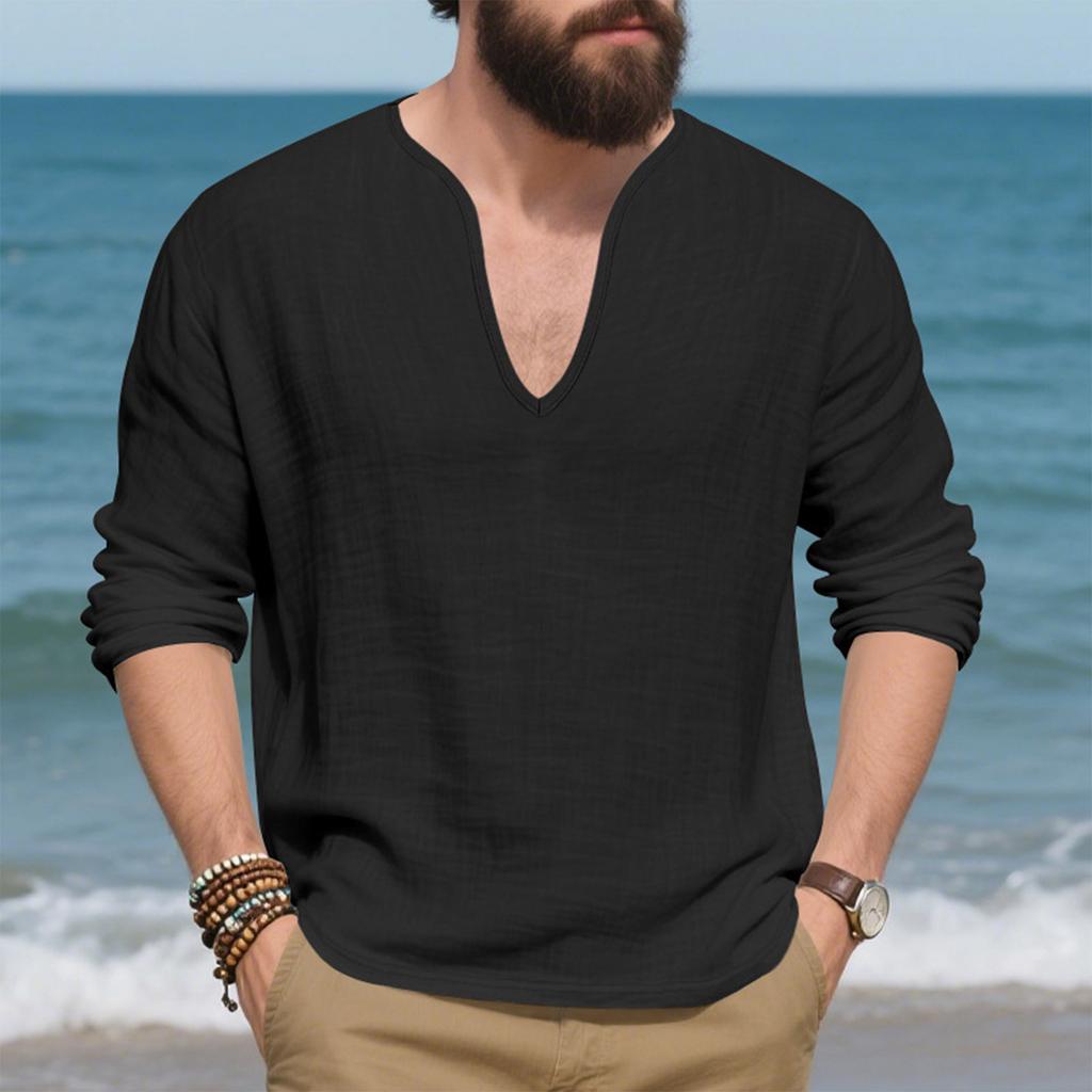 Мужские льняные рубашки свободного кроя с длинным рукавом, футболка однотонная с V-образным вырезом, пуловер в стиле хиппи для йоги