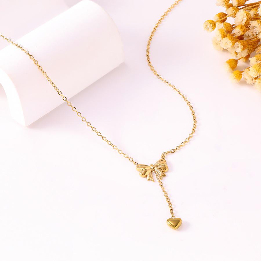 European & American Fashion Titanium Steel Princess Bow Heart Tassel Necklace - Light Luxury Sweet Style
