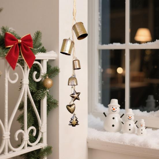 Rustic Christmas Bells Metal Tibetan Inspired Bells Decorative Cow Bells with 4 Bells On Hanging Rope for Home Door Mantel Decor