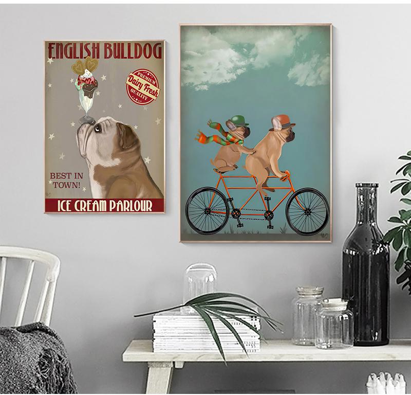 Английский бульдог мороженое собака живопись холст картины для гостиной собака велосипед настенное искусство ретро постеры и принты Quadros без рамки