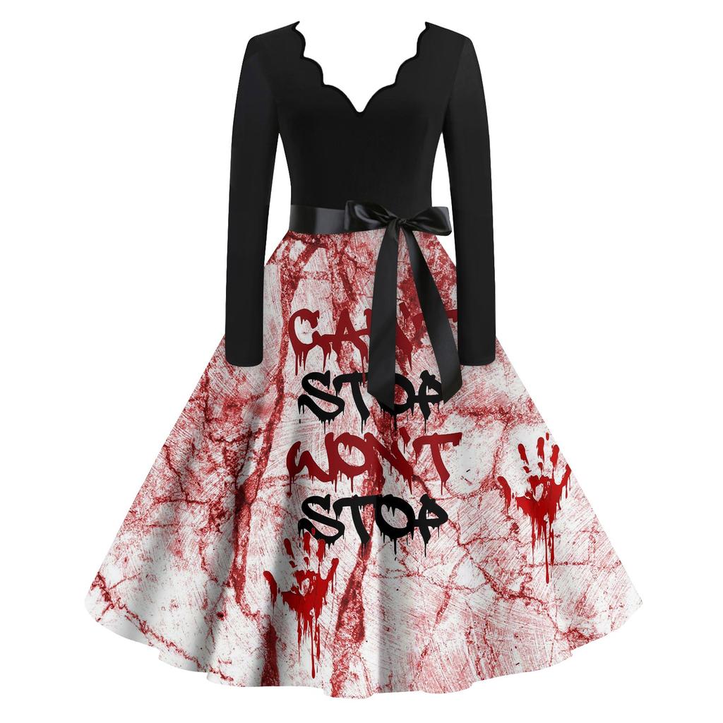 Женские повседневные модные винтажные длинные платья с длинным рукавом на Хэллоуин и графическим принтом