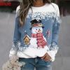 3D Print Blue Christmas Snowman T Shirts Ladies Tops Long Sleeve O-neck Pullover Femme T-shirts T Shirt For Women