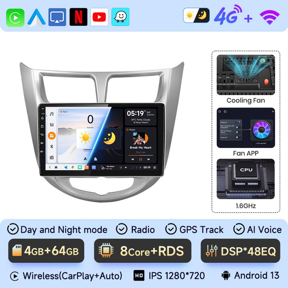 JIUYIN  Car Radio for Hyundai Solaris Verna Accent 1 2010 - 2016 Android 13 Carplay Multimedia Player 2 Din GPS 4G DVD Head Unit